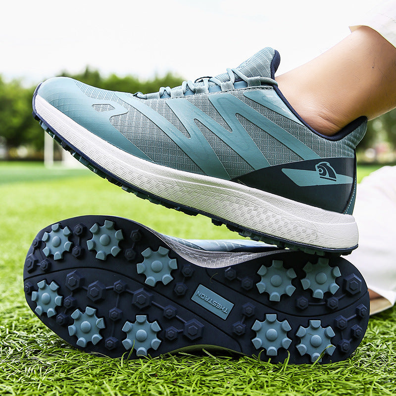 Breathable men's golf sneakers showcasing flexible mesh upper and durable outsole on a golf course.