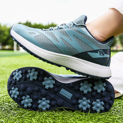 Breathable men's golf sneakers showcasing flexible mesh upper and durable outsole on a golf course.