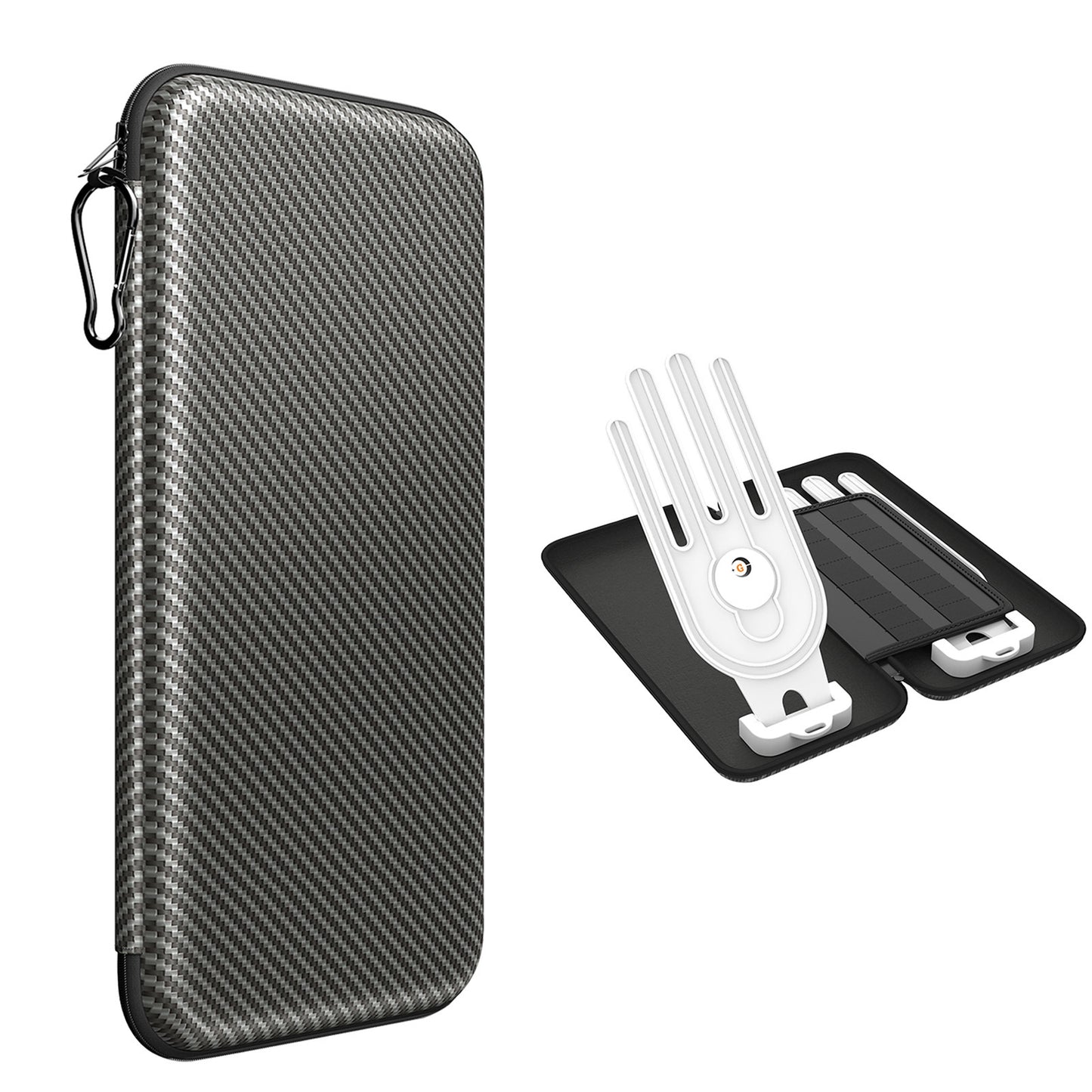 Double glove bag with two brackets shown with a carbon fiber design for efficient golf gear storage.