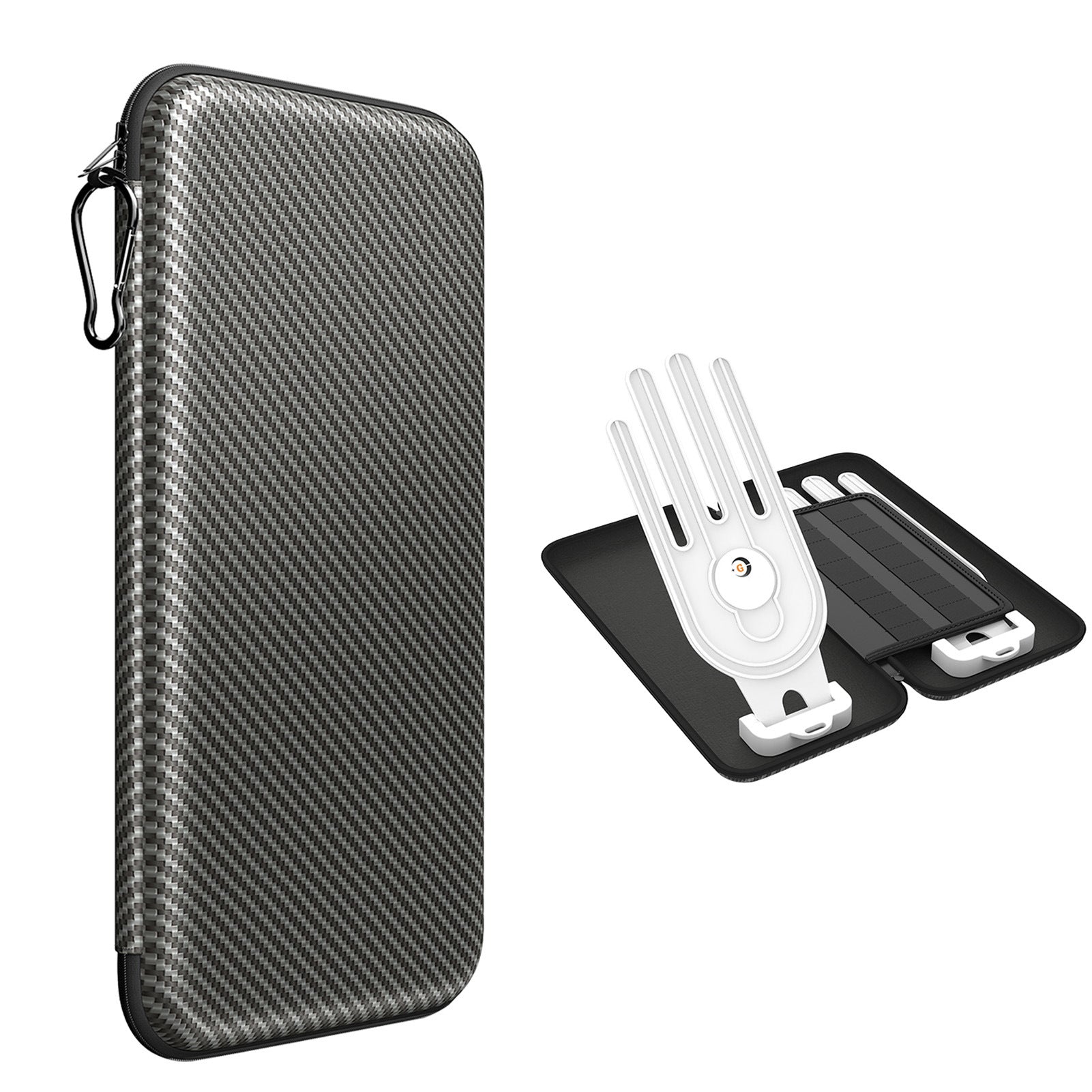 Double glove bag with two brackets shown with a carbon fiber design for efficient golf gear storage.