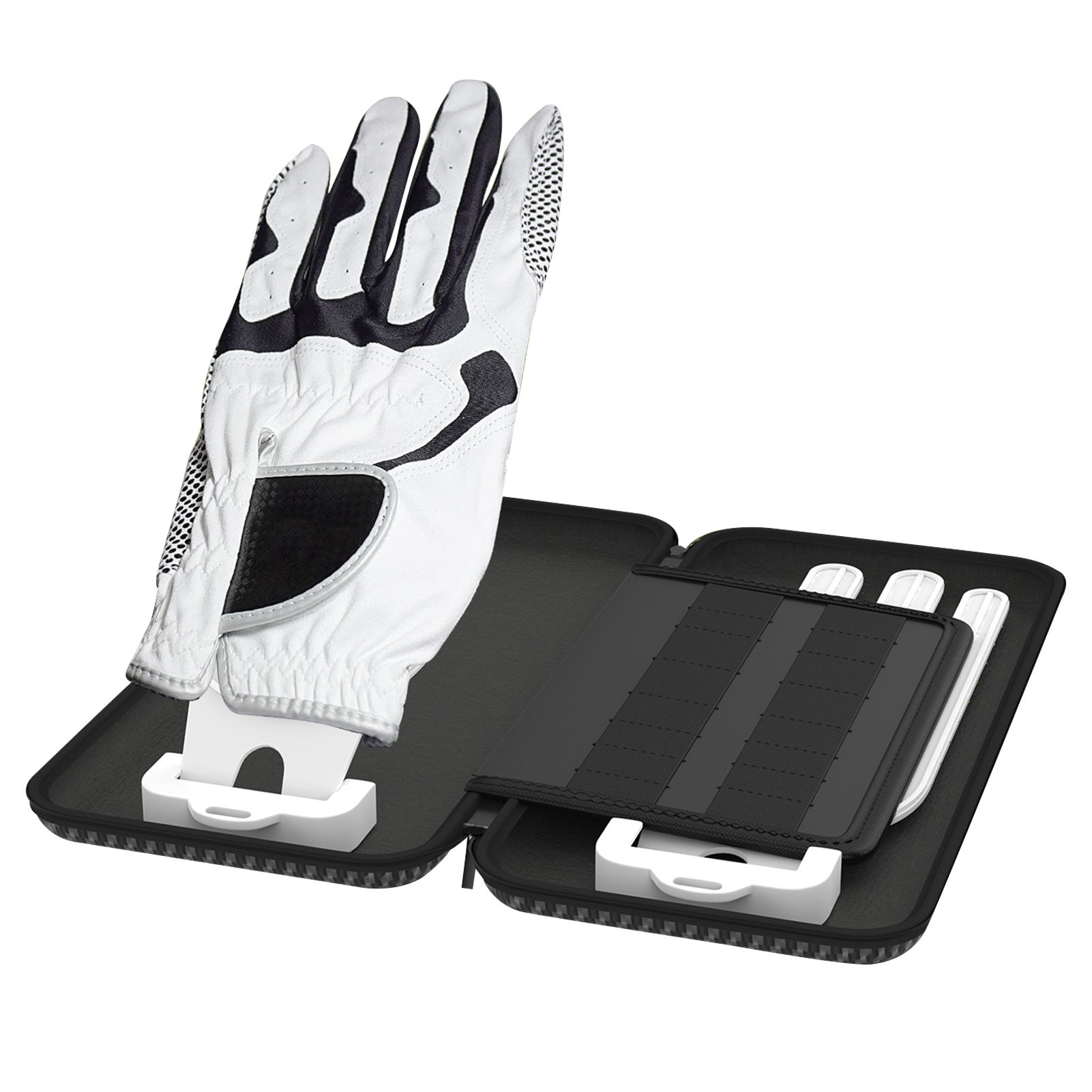 Double glove bag with golf glove and storage brackets for efficient organizing and protection.