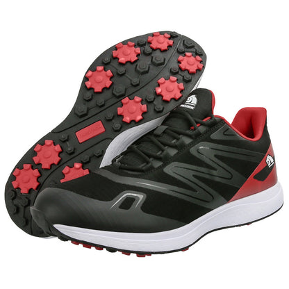 breathable men's golf sneakers featuring a black and red design with a durable, textured sole for traction.