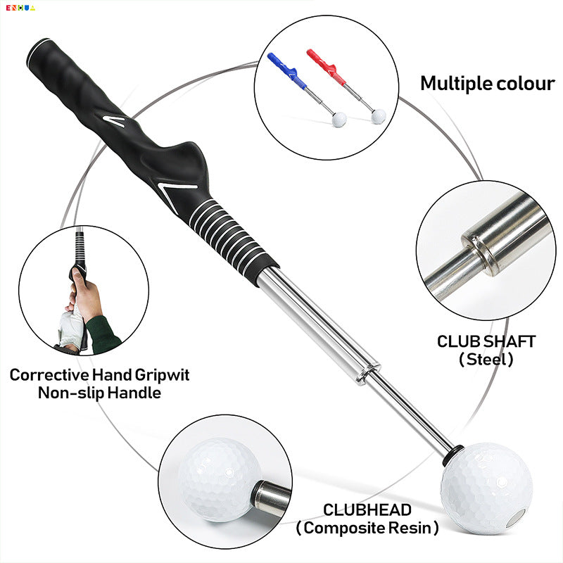 Telescopic golf swing simulator showcasing club shaft, clubhead, and multiple color options for golfers.