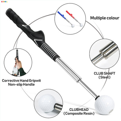 Telescopic golf swing simulator showcasing club shaft, clubhead, and multiple color options for golfers.