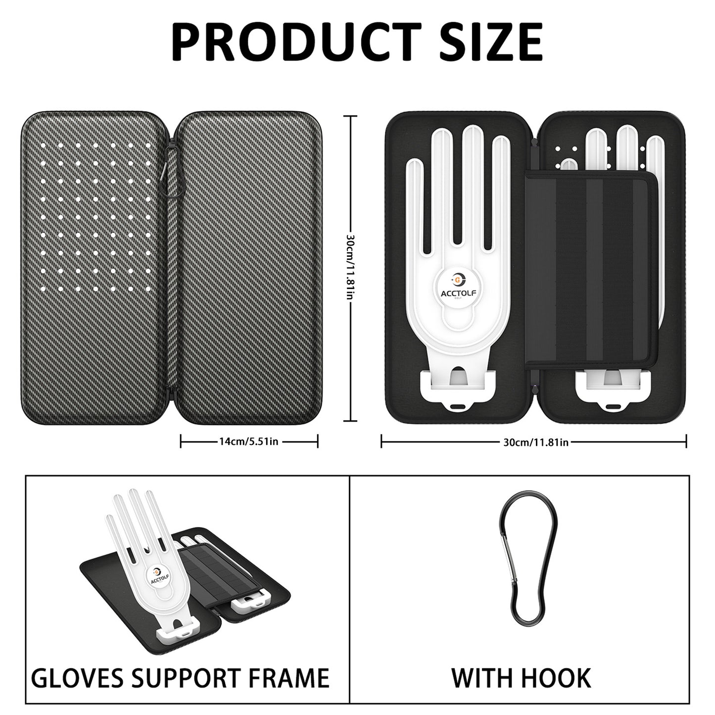 Double glove bag size details showing gloves support frame and hook for easy storage and accessibility.