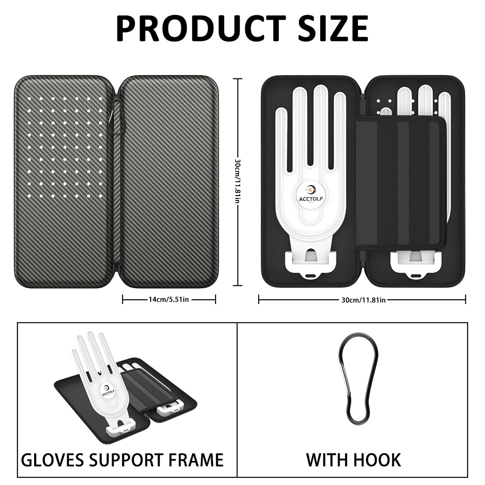Double glove bag size details showing gloves support frame and hook for easy storage and accessibility.