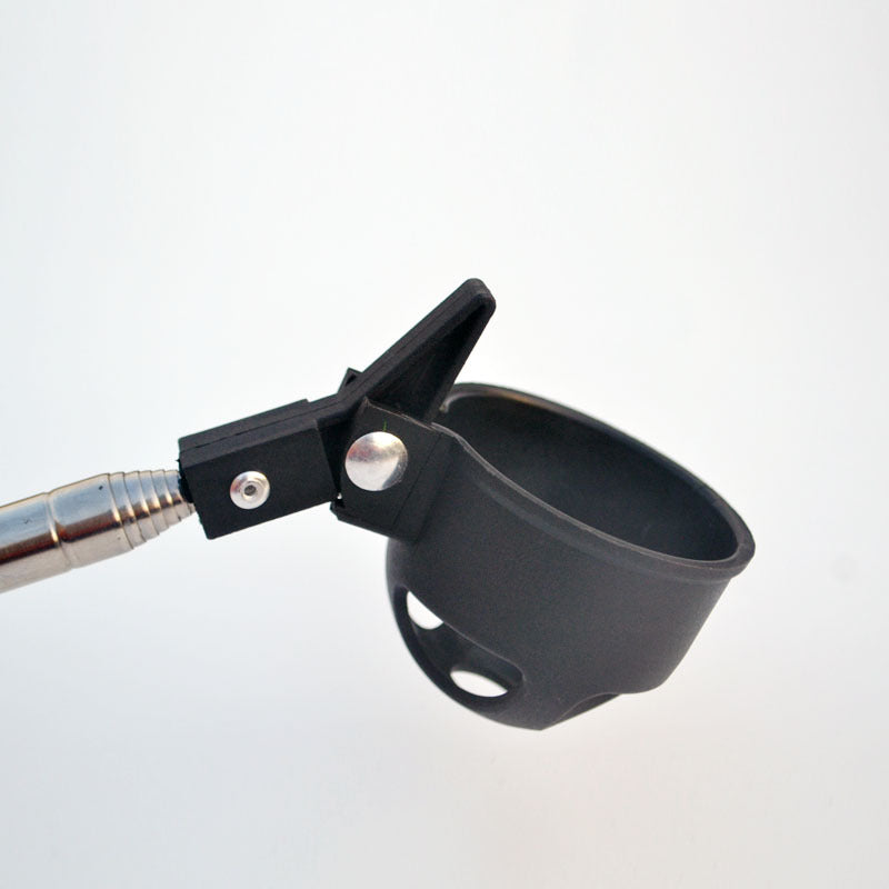 Close-up of the stainless steel golf ball retriever's scoop attachment for easy ball retrieval.