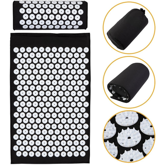 premium acupressure mat and pillow set featuring precision pressure points for pain relief and relaxation.
