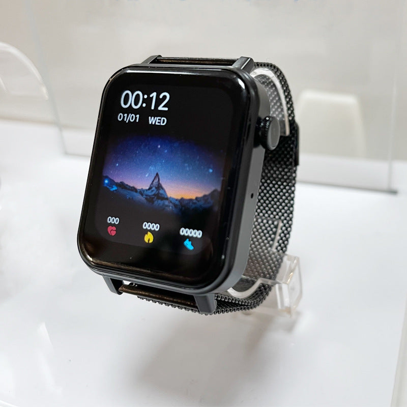 Smart watch heart rate tracking displayed with vibrant touchscreen interface and stylish metal band.