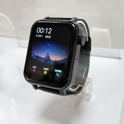 Smart watch heart rate tracking displayed with vibrant touchscreen interface and stylish metal band.