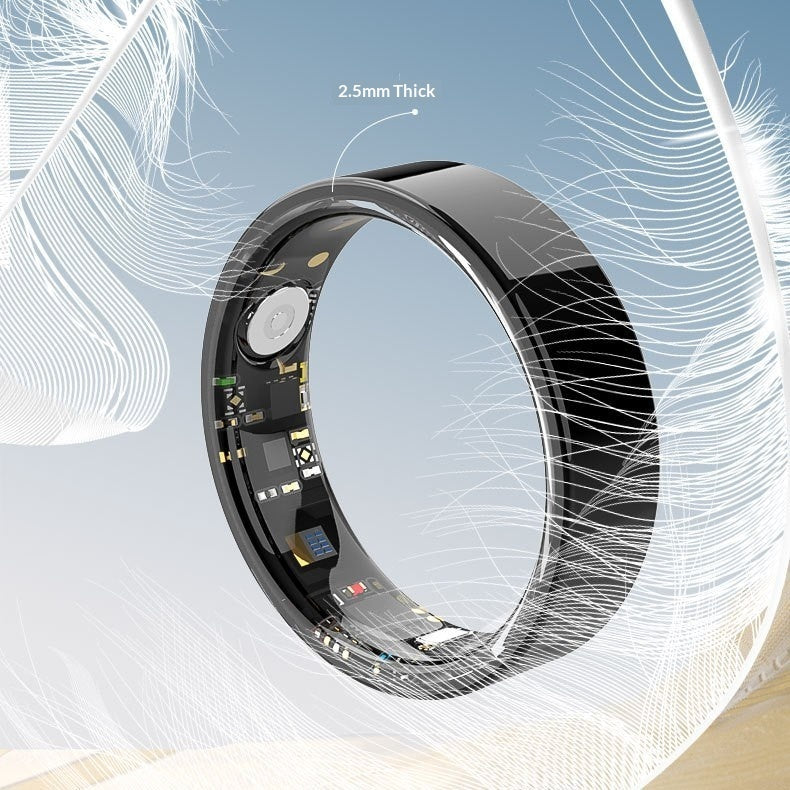 Close-up view of Multi-functional Waterproof Smart Ring showcasing its 2.5mm thickness and internal components.