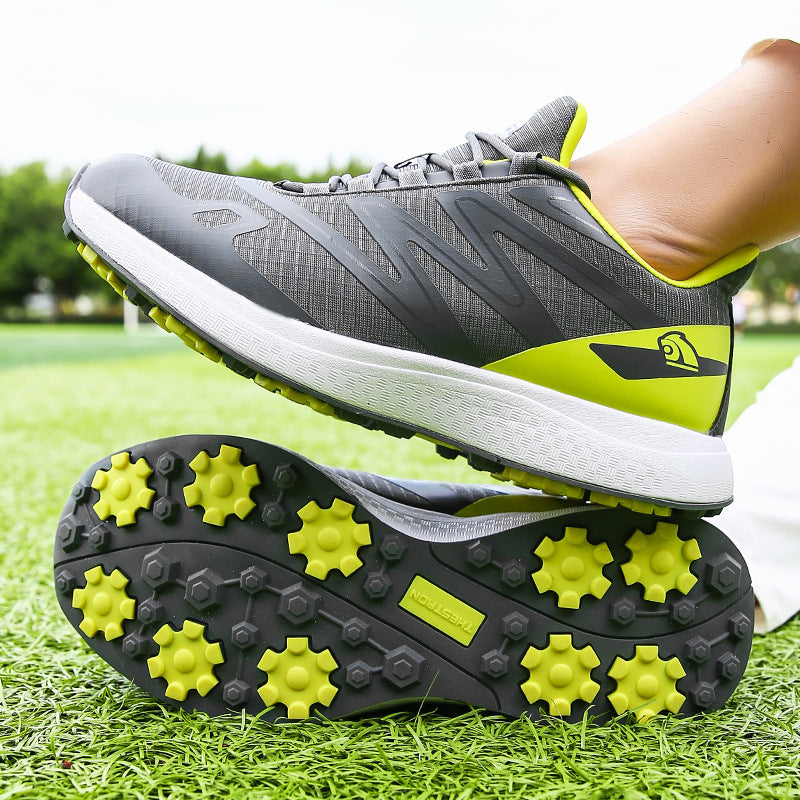 Close-up of breathable men's golf sneakers highlighting the mesh upper and traction outsole for golfers.