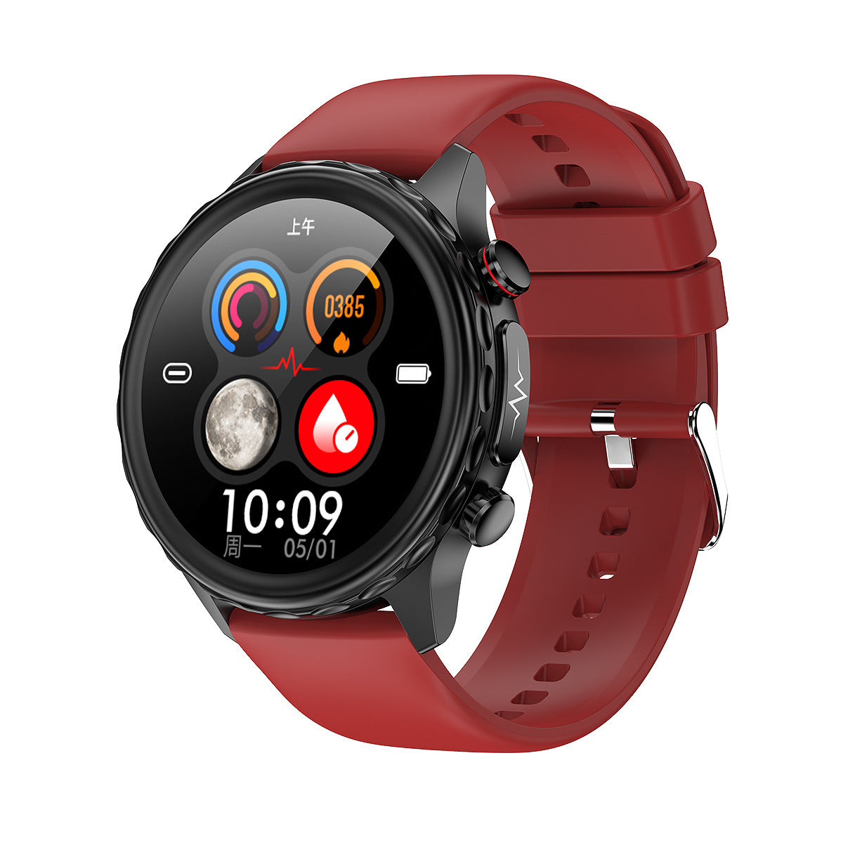 Bluetooth Smart Watch Health Detection displaying health metrics and time on a vibrant screen with a red strap.