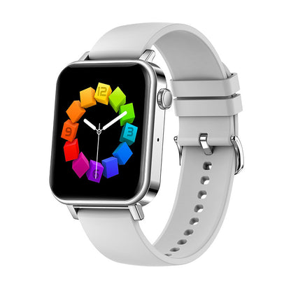 Smart watch heart rate tracking with a colorful digital clock interface on a sleek white band.