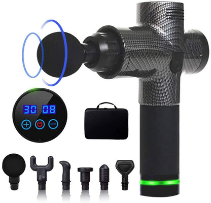 Handheld Massager from Blaze Athletic, featuring multiple attachments and a digital control panel for muscle recovery.