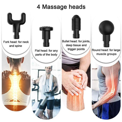 Different massage heads of the Handheld Massager for targeted muscle recovery, including fork, flat, bullet, and round heads.